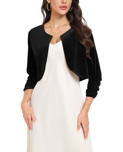 MINTLIMIT Velvet Bolero Shrug for Women 3/4 Ruched Sleeve Open Front Cropped Cardigan Cocktail Party Shrugs3