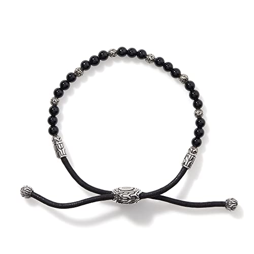 John Hardy Men's Classic Chain Silver Round Beads Pull Through Bracelet On Black Cord With Black Onyx, Size M Adjustable To L #TOP4