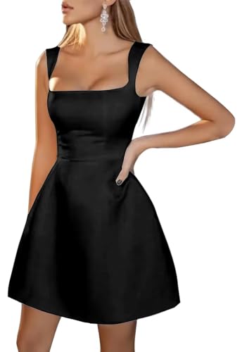 Image of Spaghetti Straps Short Homecoming Dresses Sqaure Neck Satin Mini Cocktail Dress Wedding Party Gowns