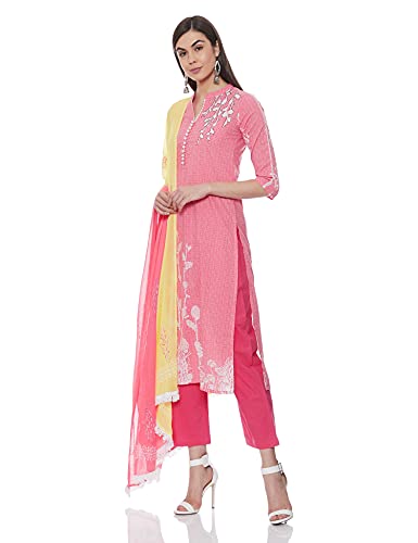 Image of Rain & Rainbow Cotton Women Coral Pink & White Floral Screen Print Kurta with Trousers & Dupatta