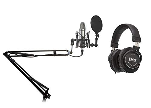 Lyxpro Microphone Arm Stand Mount Adjustable Mic Boom Swivel Mount With Recording Condenser Microphone, Spider Shockmount, 10Ft Xlr Cable, Dual Layer Pop Filter & Professional Studio Headphones #TOP4