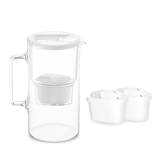 Wessper jarra con filtro de agua cristal de 3 l, juego compuesto por una jarra y 2 filtros Aquamax, reduce el cloro y los metales pesados, sin BPA - Blanco
