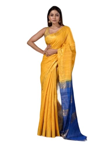 Pure Tussar Ghicha Silk Saree for Women, Yellow with Blue Zari Border, Handloom Plain Weave, with Running Blou
