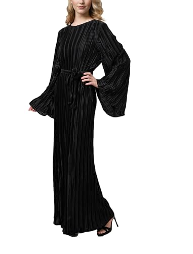 Image of Pluto & Fox Women's Crew Neck Plisse Maxi Dress Long Sleevele Flared Cuffs Belted Pleated Party Cocktail Wedding Guest Dress