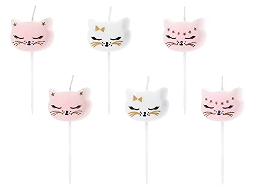 Partydeco - Juego de 6 Velas con Forma de Gato, Color Blanco y Rosa