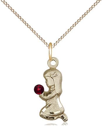 14kt Gold Filled Praying Pendant with a 3mm Faux Garnet Red Austrian Crystal stone on a 18 inch Gold Filled Light Curb Chain