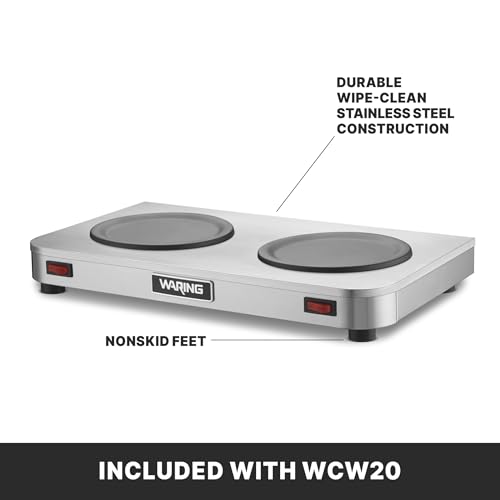 Image of Waring Commercial WCW20 Cafe Deco Double Coffee Carafe Warmer, 120V, 5-15 Phase Plug,Silver | Double Side-by-Side Burner, 70W Self-Regulating Heat Control, NSF Certified for Restaurants & Cafes