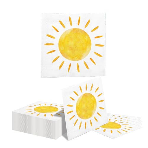 Kotkiddy 40 Pièces Serviettes en Papier Soleil Jetables 33x33 cm Décoration d'anniversaire Sunshine Serviettes De Fête Solaire Ensemble De Dîner Cocktail...