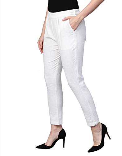 Image of Yash Gallery Women's Regular Fit Mid Rise Solid Cotton Slub Ankle Length Regular Trouser Pant