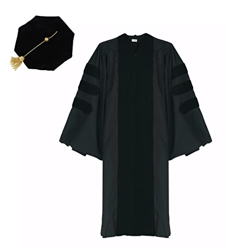 Ariro Classic Doctoral Graduation Gown PhD Regalia with Black or Royal Blue Velvet Piping for Faculty Unisex (Black 45)