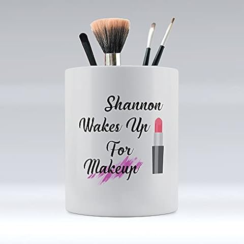 Dalton Designs UK Wakes up for Makeup - Personalised Make Up Organiser Brush Holder Birthday Gifts for Her - Ceramic Desk Organiser Cover