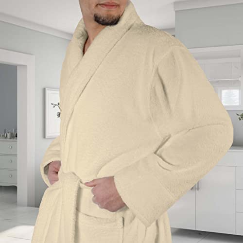 Superior Men's Traditional Premium Turkish Cotton Lightweight Long Bathrobe with Pockets, Large/X Large, Cream