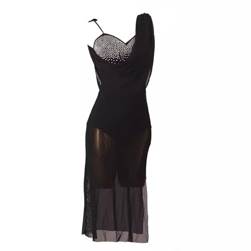 OFKNKGDT Suspenders Ballroom Competition Dancewear Women's Latin Performance Dresses Backless Tango Cha Cha Dance Costume,Black,L