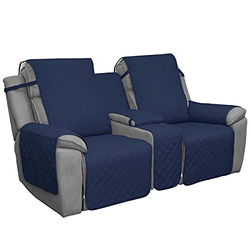 Image of Easy-Going Loveseat Recliner Cover with Console, Reversible Couch Cover for Living Room, Split Sofa Cover for Each Seat with Elastic Straps for Kids, Dogs, Pets(2 Seater, Navy /Ivory)