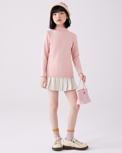 Image of ACESTAR Girls Solid Lettuce Trim Mock Neck Shirt Long Sleeve Slim Fit Ribbed Knit Tee Ruffle Tops Soft Base Layer