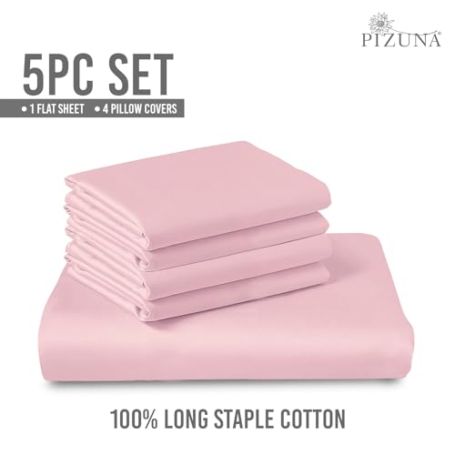 Image of Pizuna 100% Cotton Bedsheet Super King Size Light Pink, 600 Thread Count Long Staple Combed Cotton Flat Bedsheets 108x108 Inches with 4 Pillow Covers, Bed Sheet for Super King Size Bed