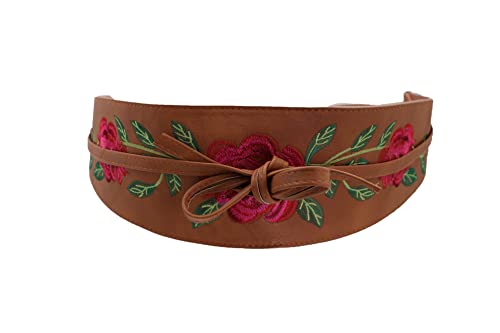 Women Fashion Brown Faux Leather Wrap Around Tie Belt Waistband Red Rose Flower S M