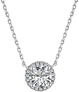 Ambica New York Solid 925 Sterling Silver Cubic Zirconia Solitaire Necklace - Faux Diamond Round Solitaire Halo Necklace – CZ Diamond Pendant Necklace- Minimalist Dainty Necklace for Women