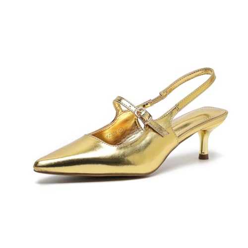 Amoji Womens Pointed Toe Pumps Slingback Kitten Heels Party Wedding Dress Shoes FZ329 7 Gold
