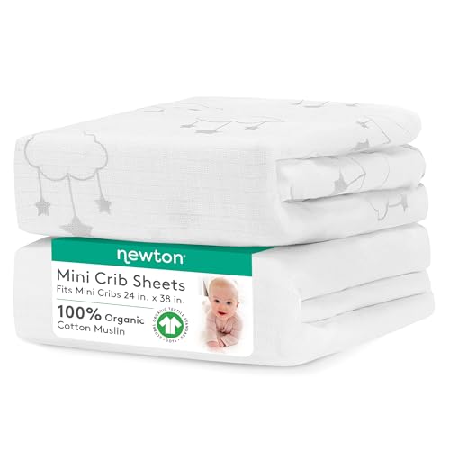 Image of Newton Baby Mini Crib Fitted Sheets (2-Pack) | Organic Muslin Cotton, Breathable & Soft Baby Sheets, Washable Baby Mattress Sheets, Fits Any Mini Sized Crib 24 inch x 38 inch, Wishing on a Star Print + White