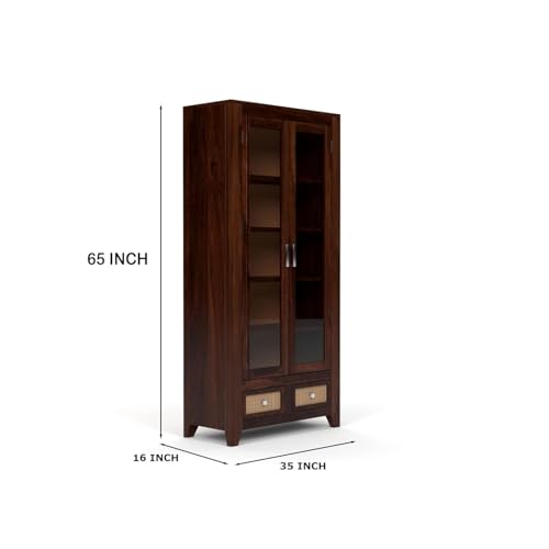 Image of Solid Sheesham Wood Book Cabinet with Acrylic Glass Doors | Rosewood Display Storage Unit with Shelves & Drawers for Home & Office | Louge (B-Walnut)