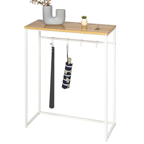 eluno Mesa Consola de Metal con 1 Estante de Madera, Patas Ajustables en Altura, 4 Ganchos, como Mesa Auxiliar o aparador, Mucho Espacio para Libros, Plantas y decoración (Blanco)