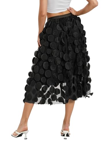 Tulle Skirt Women 3D Polka Dot High Elastic Waist Solid Color Mesh Flowy A-Line Midi Skirts Party Clubwear3