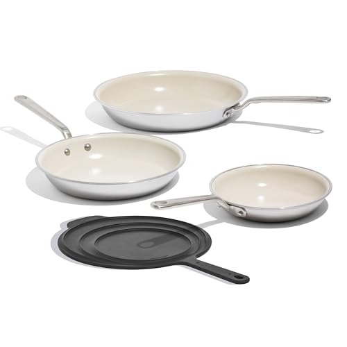 Made In Cookware - 3-Piece Ceramic Frying Pan Set with Universal Silicone Lid - 5 Ply Stainless Clad - Professional Cookware - Induction Compatible