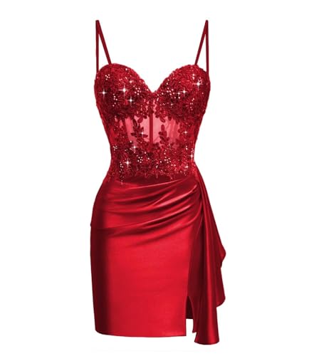 Ztikolen Red Lace Satin Short Dress 2025 | Mini Bodycon Prom Gown for Homecoming & Spring Dance Galas Size 0