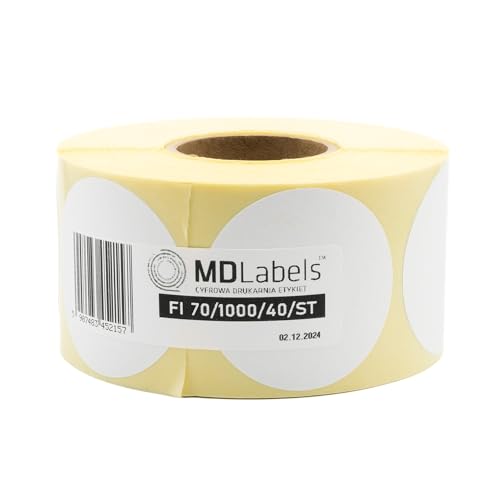 MD Labels Etiquetas térmicas blancas en rollo fi 70 mm 1000 piezas, adhesivo permanente, para código de barras, etiquetas adhesivas blancas para escribir