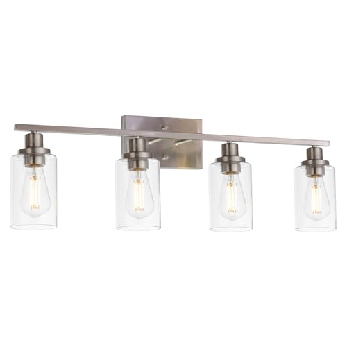 MELUCEE Bathroom Light Fixtures Brushed Nickel 4 Heads Modern Vanity Lights Wall Sconce with Clear Glass Shade for Hallway Kitchen Bedroom Living Room (Patent No.: US D963914 S)