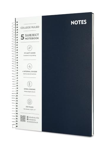 Image of DOODLE Focus Flow 5 Subject Spiral Notebook | Pack of 1 | Dark Blue | 200 Sheets, College Ruled Paper | Notebook with Dividers & Water Resistant Cover for Students, Work & Notes