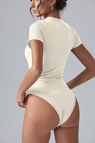 Image of OQQ Women's Crew Neck Short Sleeve Bodysuit Ruched Stretch Vacation Basic for Tops Spring & Summer