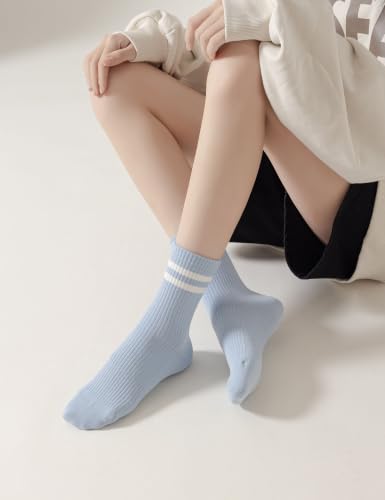 Image of 6 Pairs Solid Color Retro Striped Crew Socks for Women Girls | Soft Cotton Blend, Breathable & Comfortable Novelty Everyday Ribbed Quarter Socks