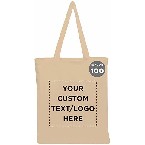 DISCOUNT PROMOS Custom Cotton Canvas Tote Bags Set of 100, Personalized Bulk Pack - Reusable, Great for Shopping, Grocery, Beach, Picnic, Wedding Favors - Natural Cover