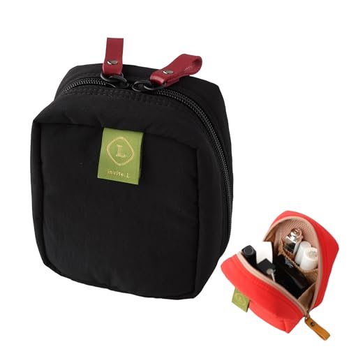Invite.L Small Stand Up Compact Cosmetic Bag Organized Pockets Korean Beauty Case Portable Makeup Pouch Toiletry Storage Work Essentials Elegant (Black)2