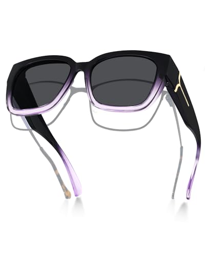 Meeloog Polarized Fit Over Glasses Sunglasses for Women UV Protection, Trendy Square Wrap Around Shades for Driving Riding (P1 Purple Frame/Grey Lens)
