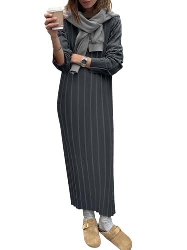 Yousify Women's Trendy Long Sleeve Maternity Maxi Dresses Fashion Crew Neck Slit Hem Ribbed Striped Sweater Dress S