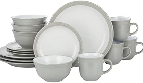 16 Piece Red & White Bistro Dinnerware Set  4X Dinner Plates, 4X Side Plates, 4X Deep Bowls & 4X Mugs - Dishwasher & Microwave Safe Stoneware Dining Set for 4 People