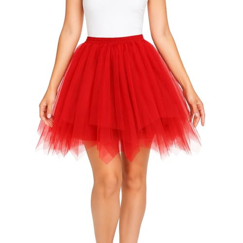 JClorix Tüllrock 50er Tütü Rock Tüllrock Damen Kurz Tutu Petticoat Mini Rock mit elastischem Bund Rockabilly Ballett Unterrock Karneval Fasching Halloween Cosplay Party Rot