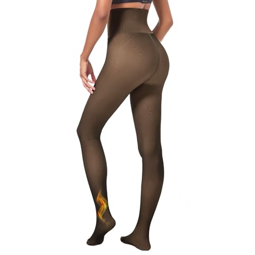 Image of Soxbang High Waisted One Seam Fleece Lined Tights,Seamless Control Compression Fake Translucent Dark Skin Insulated Tights