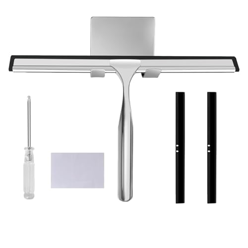 QINGYIWL 25,6 cm essuie-glace pour douche, essuie-glace pour douche avec 2 lames de rechange et 1 crochet, tire-eau de douche en acier inoxydable pour fenêtres, carreaux, miroirs et fenêtres