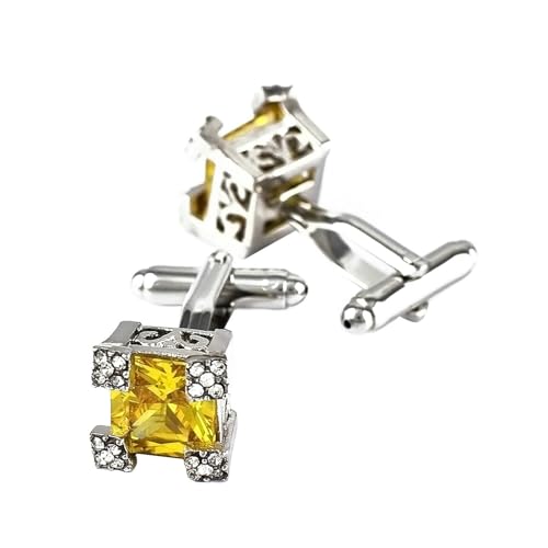 Gemelos cuadrados de plata con circonitas amarillas, gemelos camisa de traje caballero