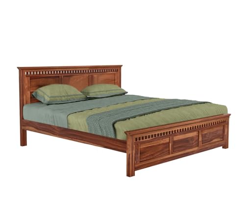 Image of Sheesham Wood King Size Bed Without Storage | Wooden Bed King Size Double Cot Palang Bed for Bedroom | Kuber Design Headboard Bed for Living Room | Honey Finish