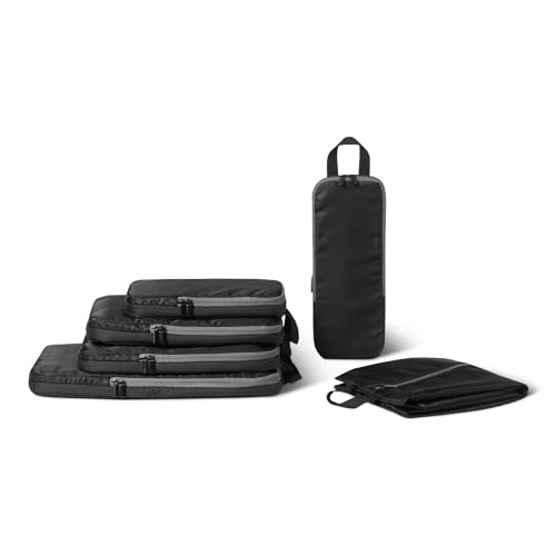 Amazon Essentials Ultralight Compression Zipper Packing Cubes Packing Organiser, 6-Pack, Black