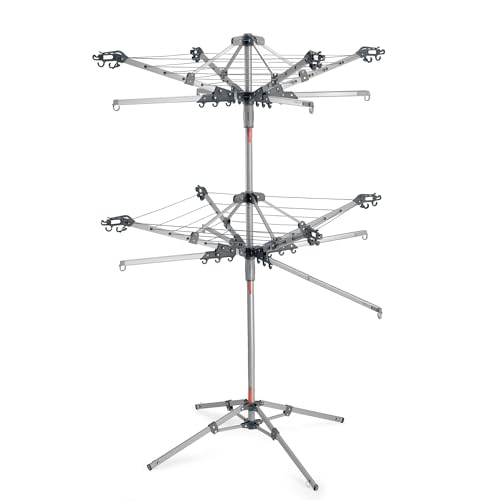 Roamwild Multi Dryer Clothes Airer Drying Rack Foldable Rotary Adjustable 2 TIER – 36m of Hanging line in 1m square footprint – Cover & Anchor pegs included - Cool Grey