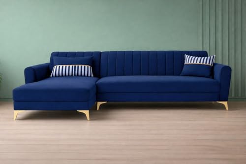Image of Adorn India Premium Luster 6 Seater L Shape Sofa Set | Velvet Suede Fabric | 3-Year Warranty | LHS |Color Blue with Golden Legs & Striped Pattern Cushion