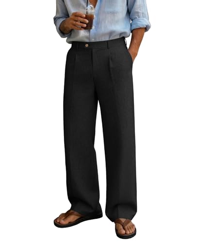 Susclude Baggy Linen Pants Men Wide Leg Pleated Dress Pants Old Money Stylish Casual Slacks Lightweight Street Beach Trousers Black