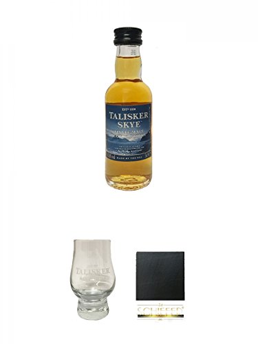 Talisker SKYE Single Malt Whisky 0,05 Liter Miniatur + Talisker Whisky Glas mit Eichstrich 4 cl + Schiefer Glasuntersetzer eckig ca. 9,5 cm Durchmesser