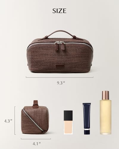 Image of EACHY Travel Makeup Bag, Woven Travel Waterproof Toiletry Bag, Portable 180 Wide-Open Flat Cosmetic Bags for Women, Large Capacity Makeup Pouch with Divider and Handle